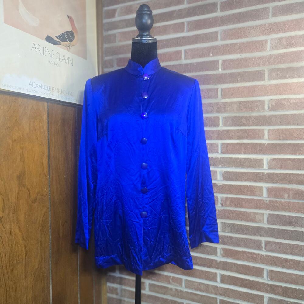 VTG Spenser Jeremy 100% Silk Blouse Size 8 Royal Blue Mandarin Collar Asian 80s